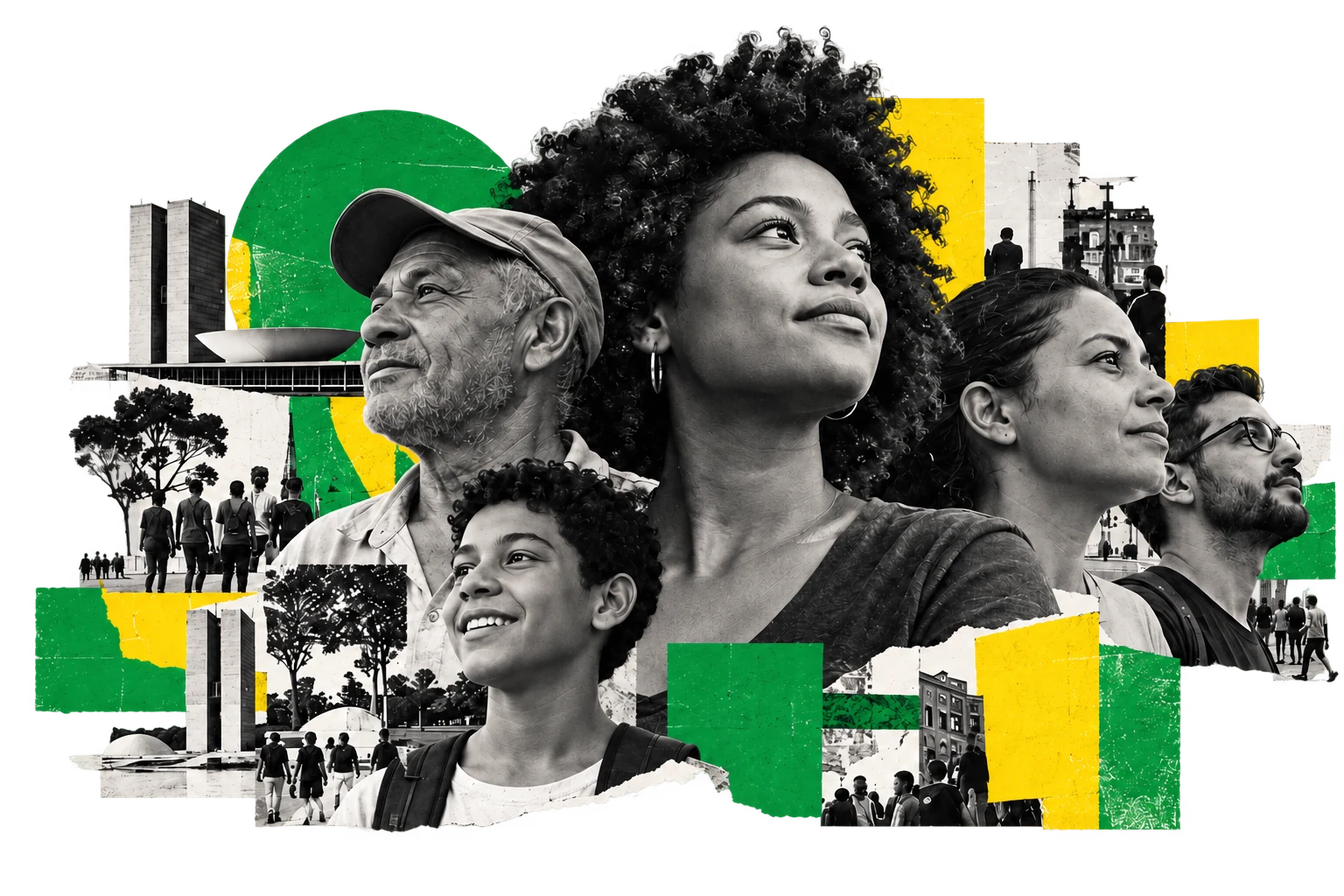 Colagem em preto e branco com as pessoas da imagem de referência, cenas de cidadania e recortes em verde e amarelo.