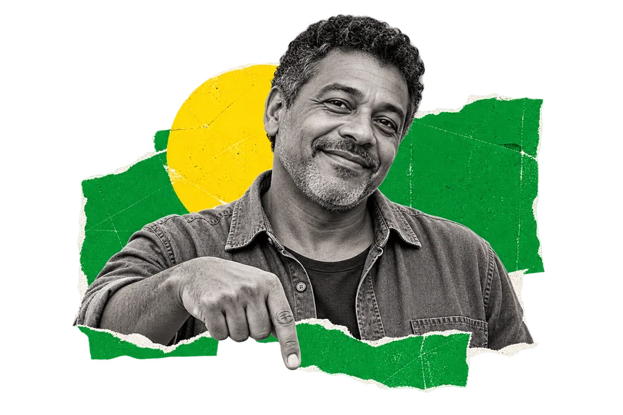 Colagem ilustrativa de um homem apontando para baixo, com recortes verdes e amarelos.