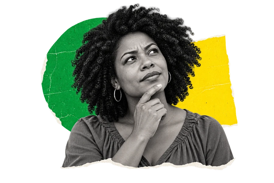 Colagem ilustrativa de uma mulher com expressão de dúvida, com recortes verdes e amarelos.